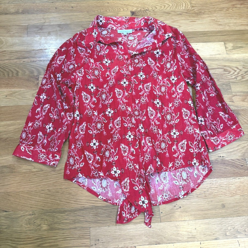 Catalog Favorites Red Floral Paisley Tie Front Cotton Button‎ Down Shirt Small